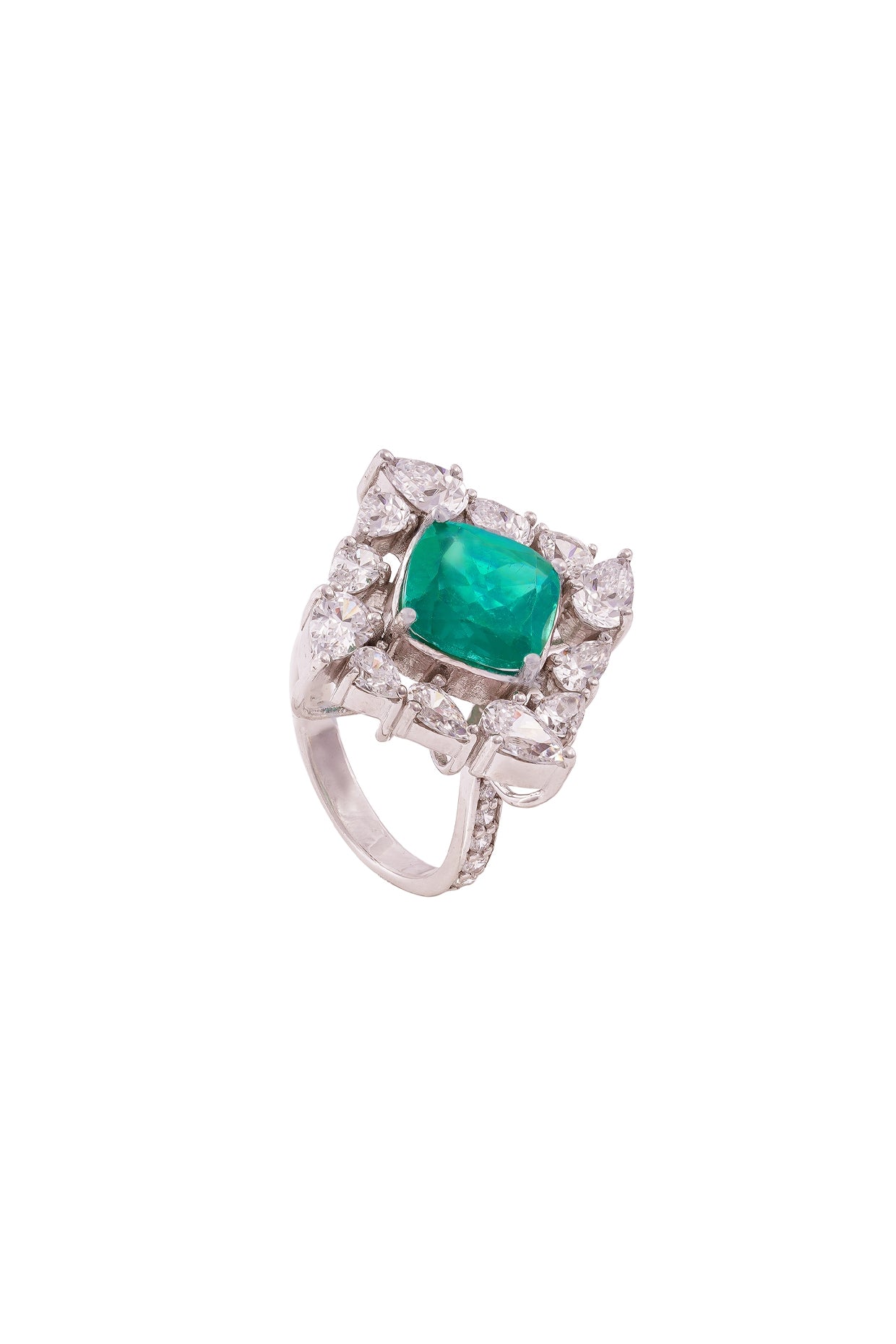 White Rhodium Finish Pear-Cut Cubic Zirconia & Green Cushion Stone Ring In Sterling Silver