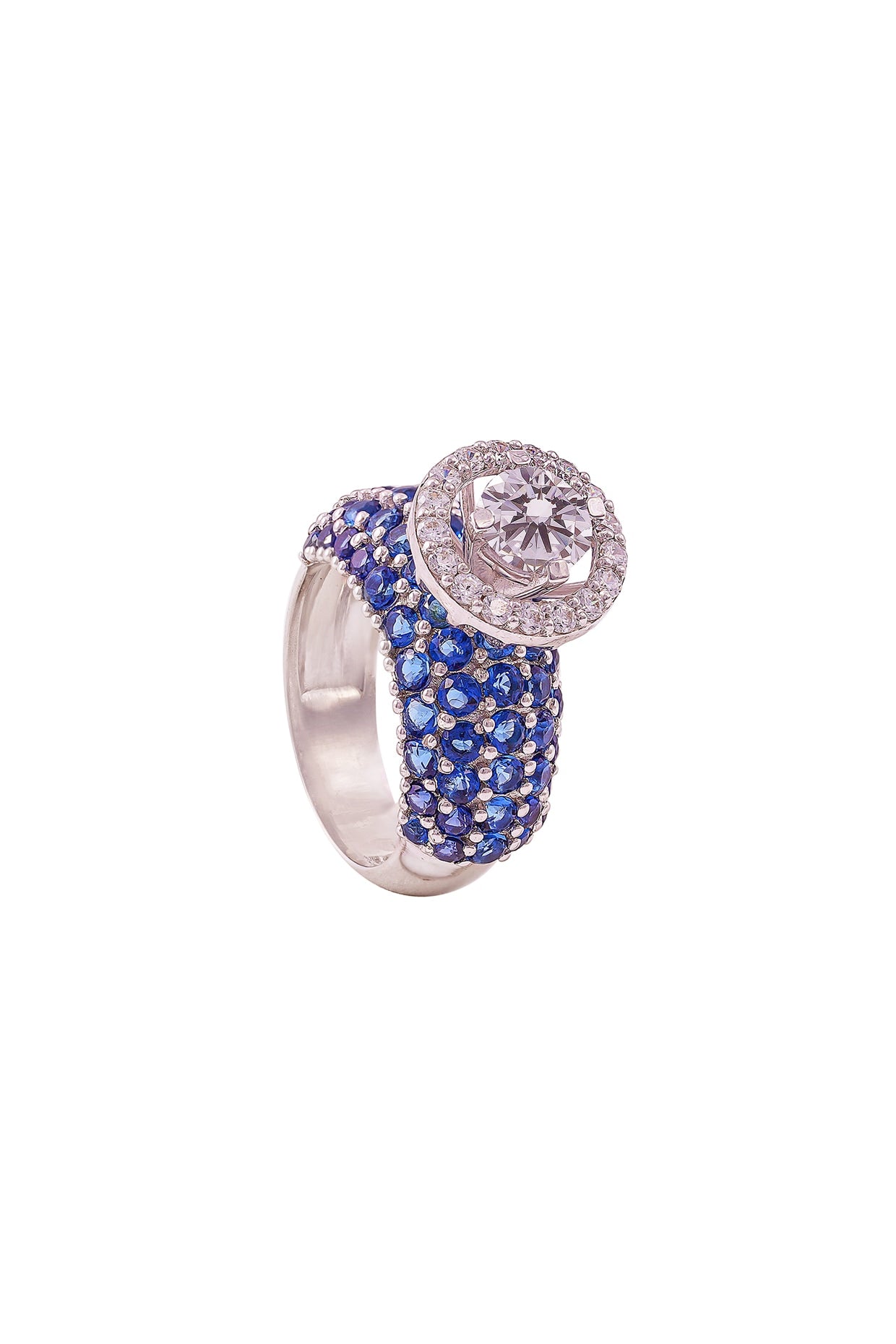 White Rhodium Finish Cubic Zirconia & Blue Stone Ring In Sterling Silver