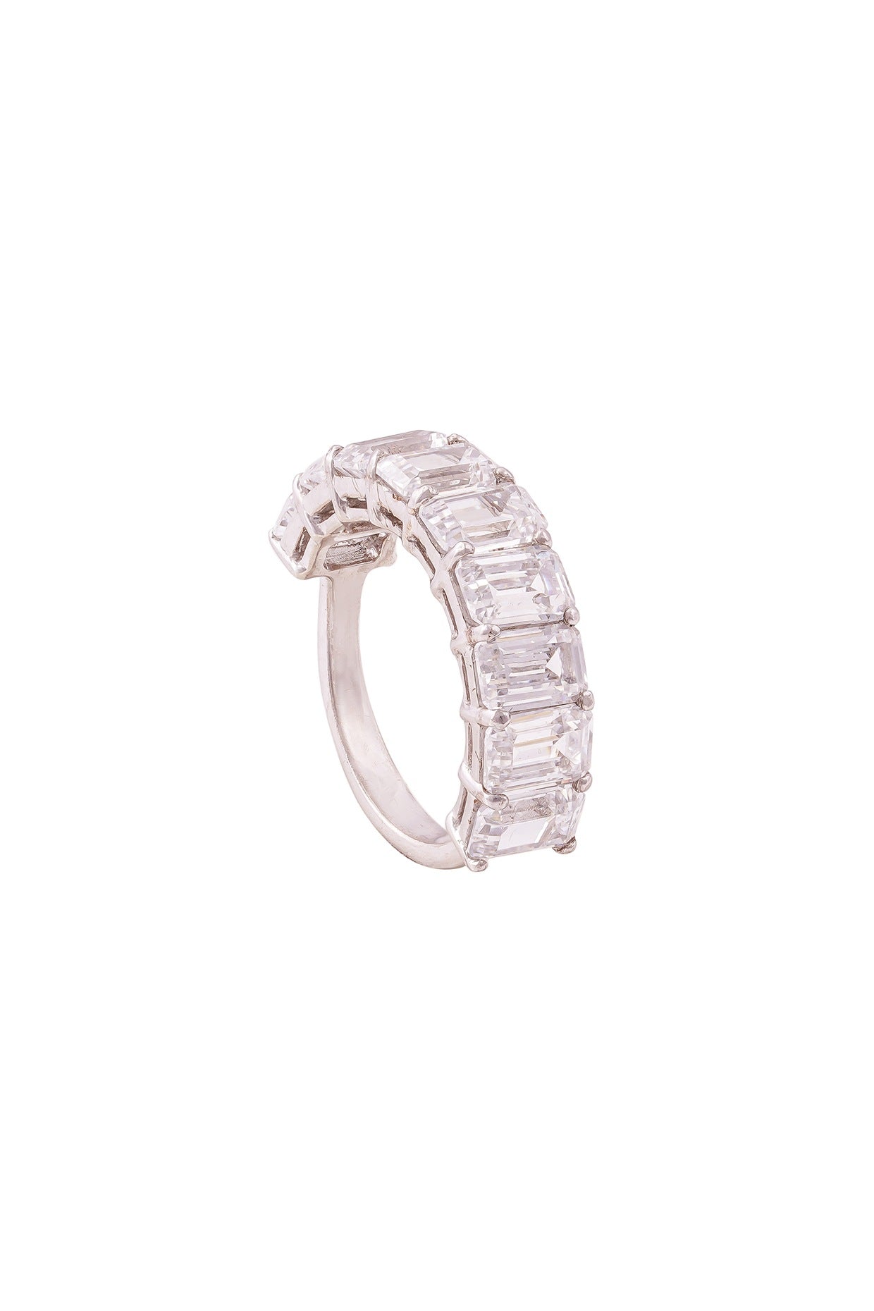 White Rhodium Finish Emerald-Cut Cubic Zirconia Ring In Sterling Silver