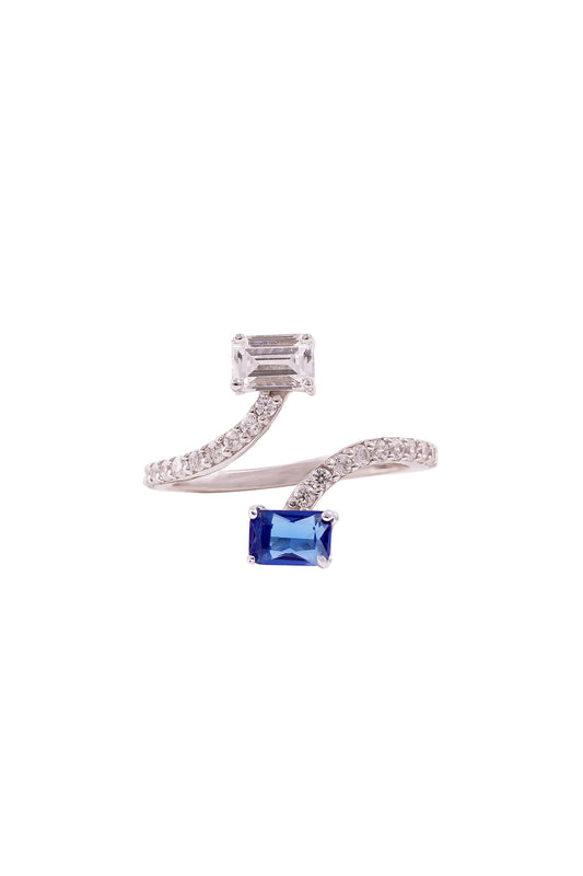 White Rhodium Finish Emerald Shaped Cubic Zirconia & Blue Stone Ring In Sterling Silver