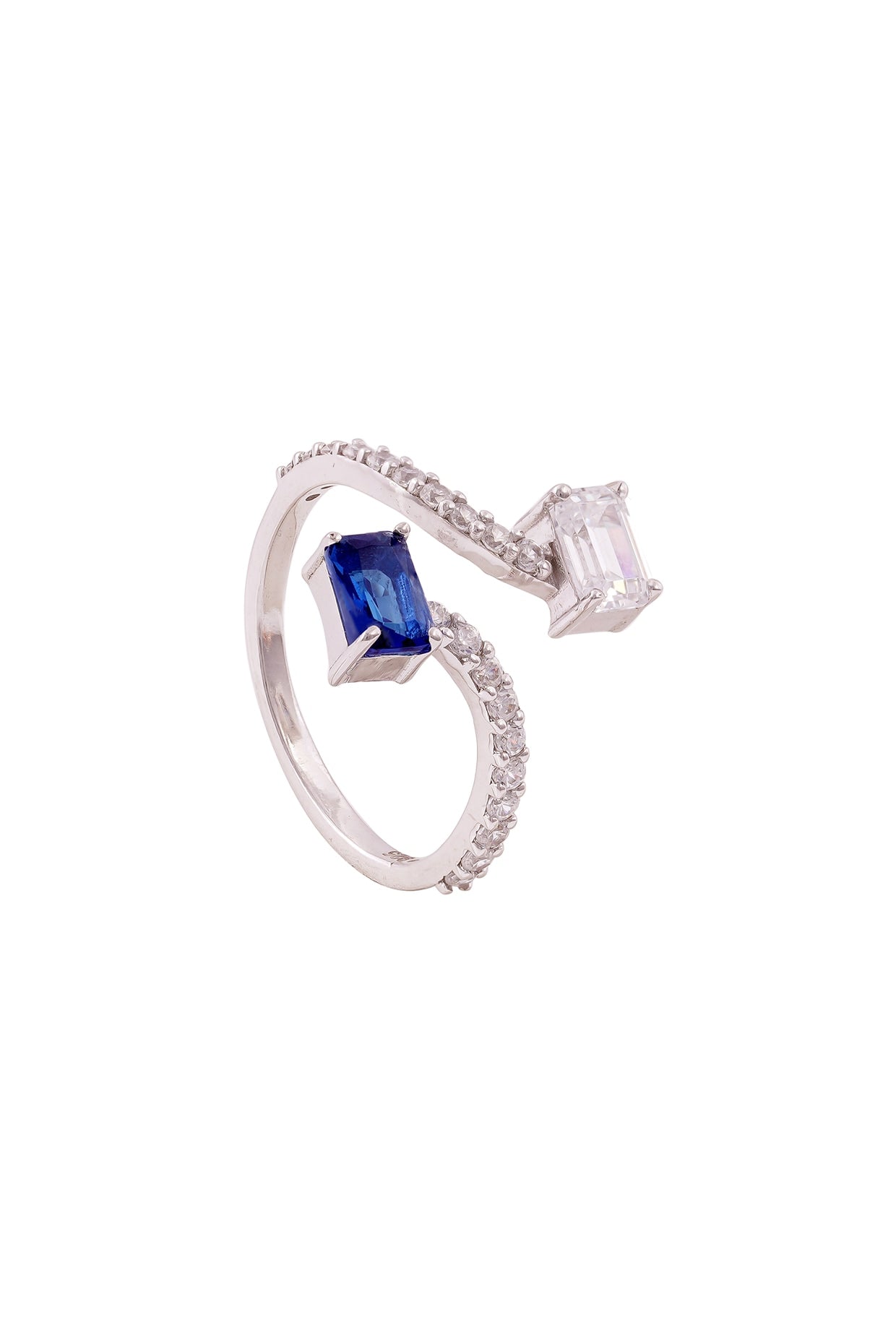 White Rhodium Finish Emerald Shaped Cubic Zirconia & Blue Stone Ring In Sterling Silver