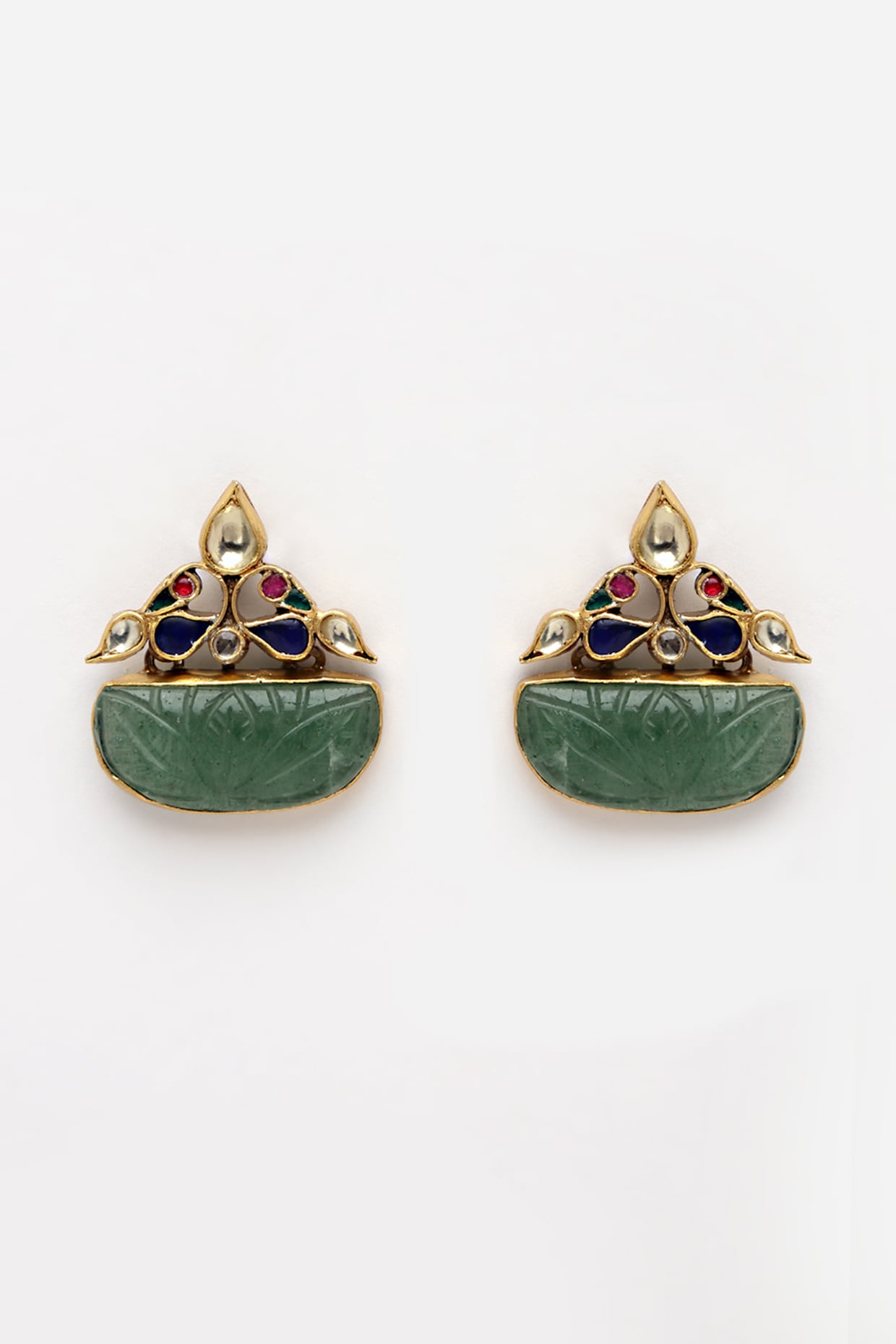 Gold Finish Kundan Polki Stud Earrings In Sterling Silver