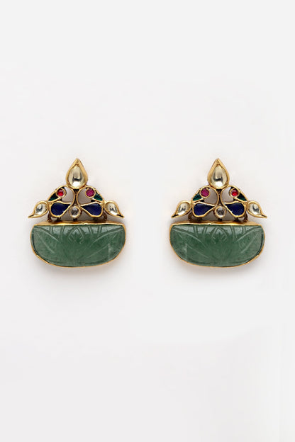 Gold Finish Kundan Polki Stud Earrings In Sterling Silver