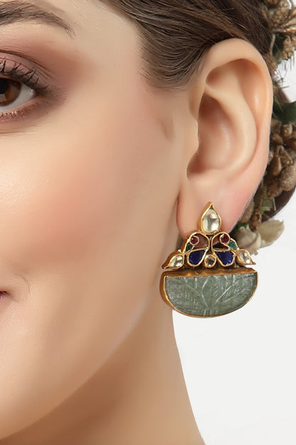 Gold Finish Kundan Polki Stud Earrings In Sterling Silver