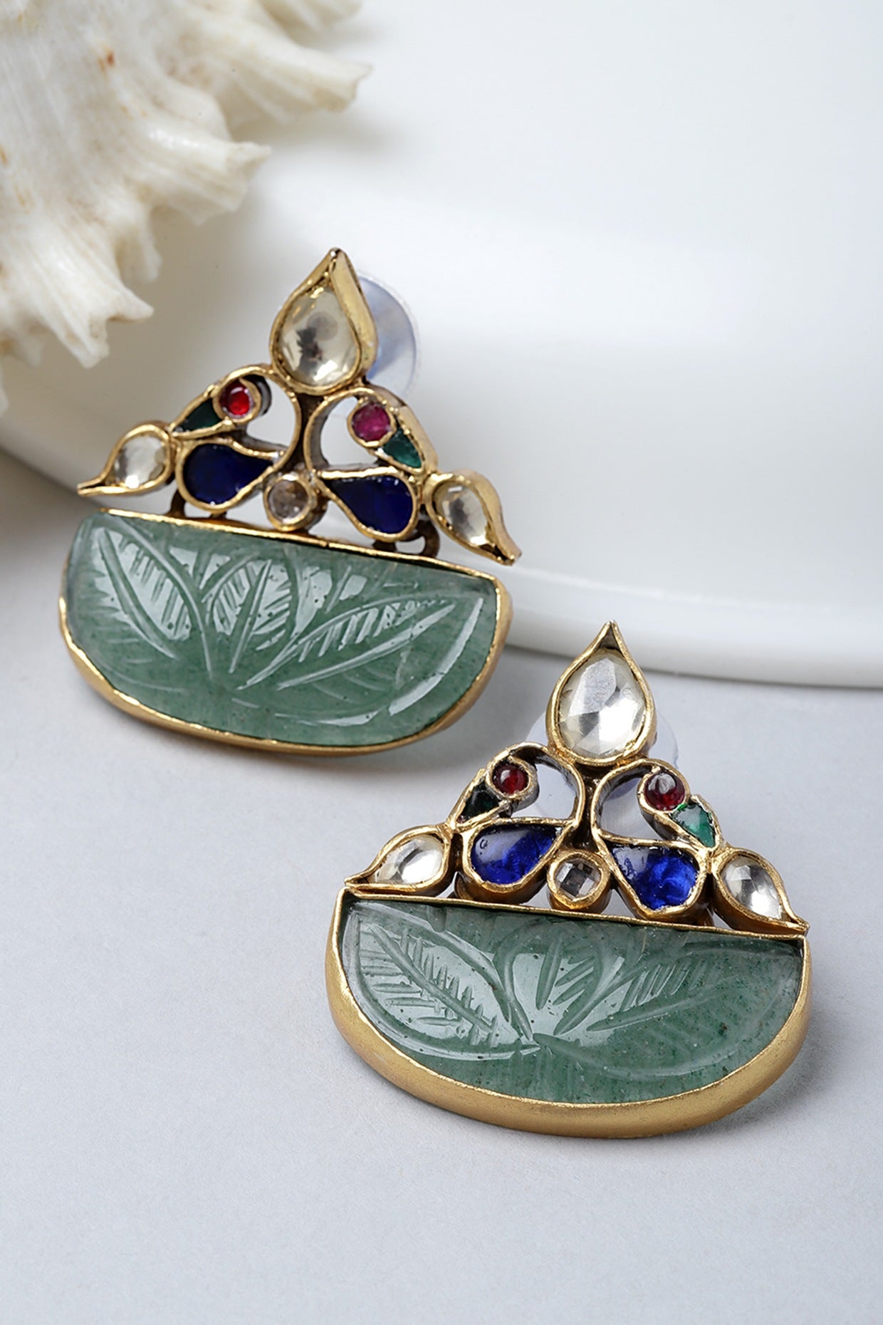 Gold Finish Kundan Polki Stud Earrings In Sterling Silver