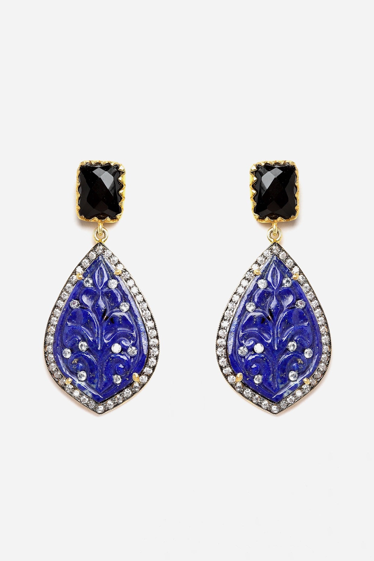 Gold Finish Carved Lapis Dangler Earrings In Sterling Silver