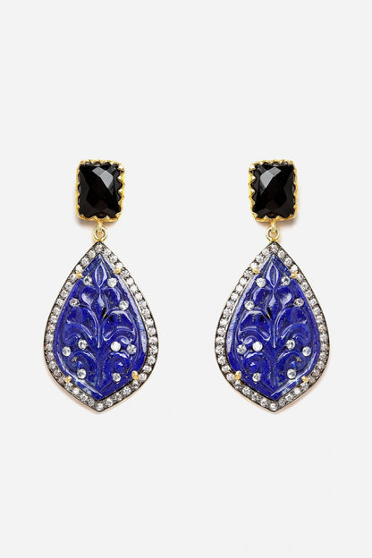 Gold Finish Carved Lapis Dangler Earrings In Sterling Silver
