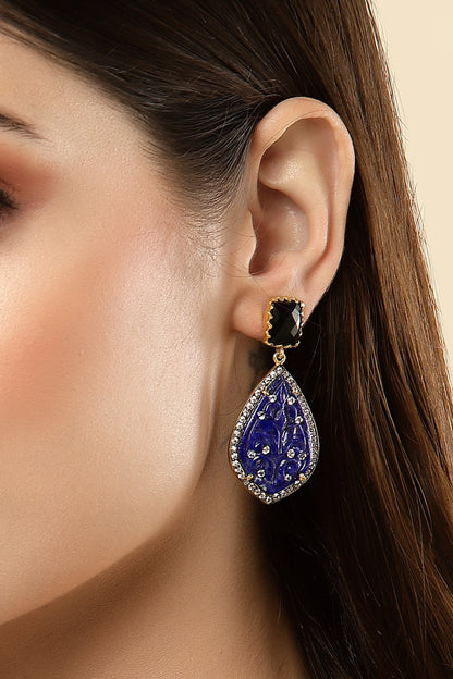 Gold Finish Carved Lapis Dangler Earrings In Sterling Silver