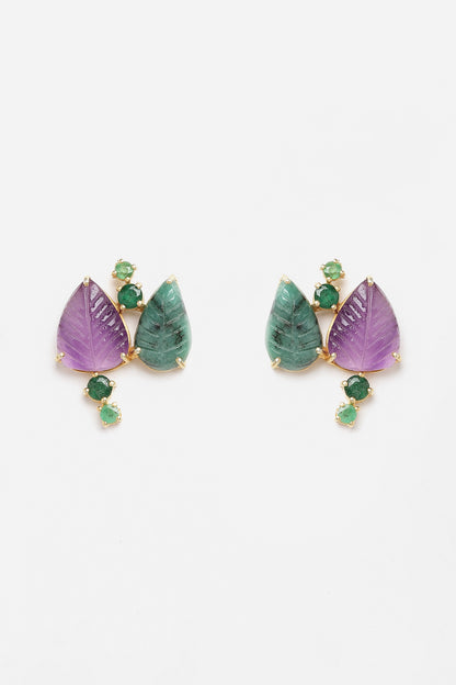 Gold Finish Carved Emerald Dangler Earrings In Sterling Silver