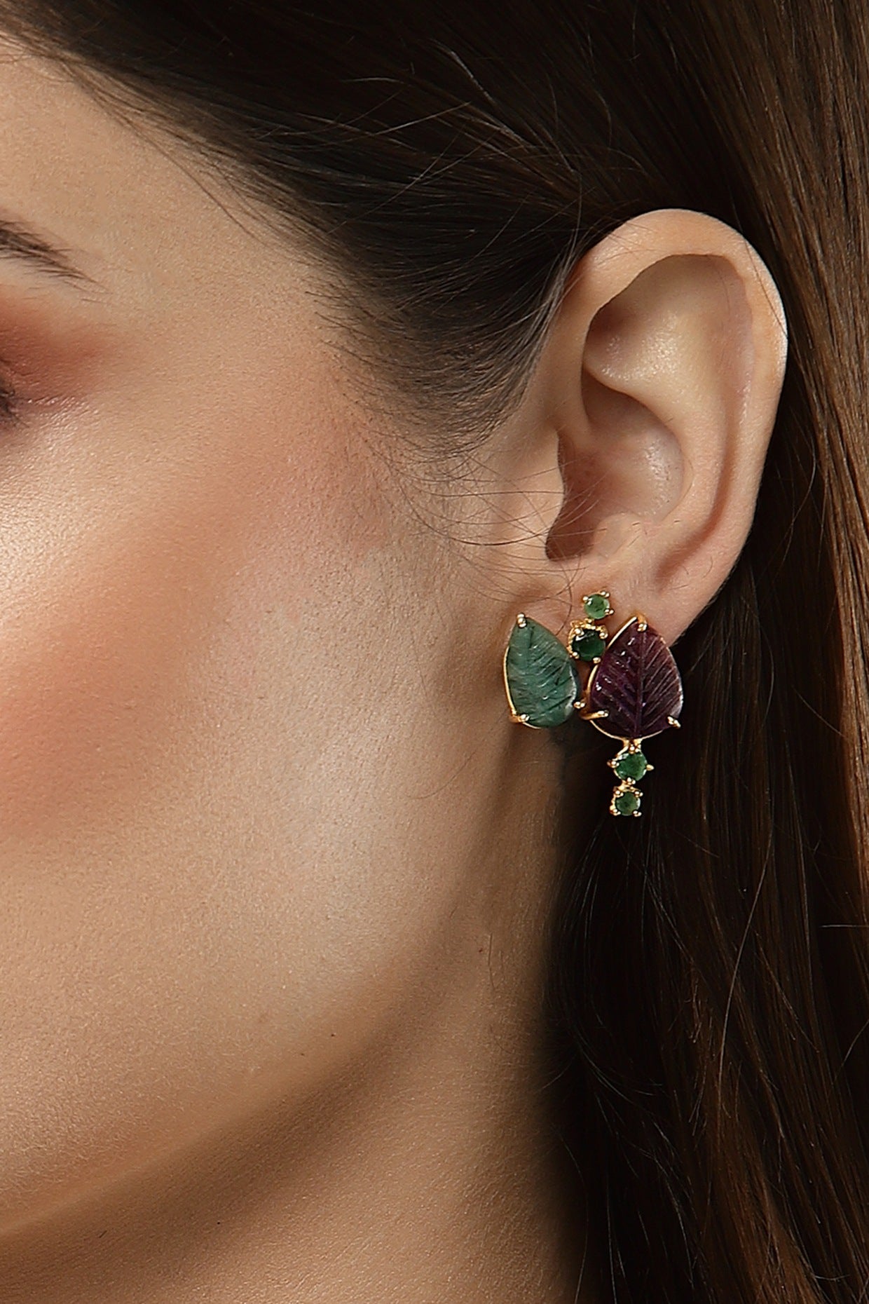 Gold Finish Carved Emerald Dangler Earrings In Sterling Silver