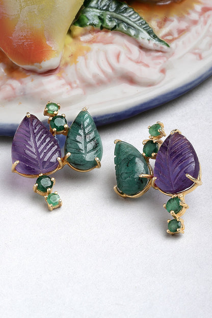 Gold Finish Carved Emerald Dangler Earrings In Sterling Silver