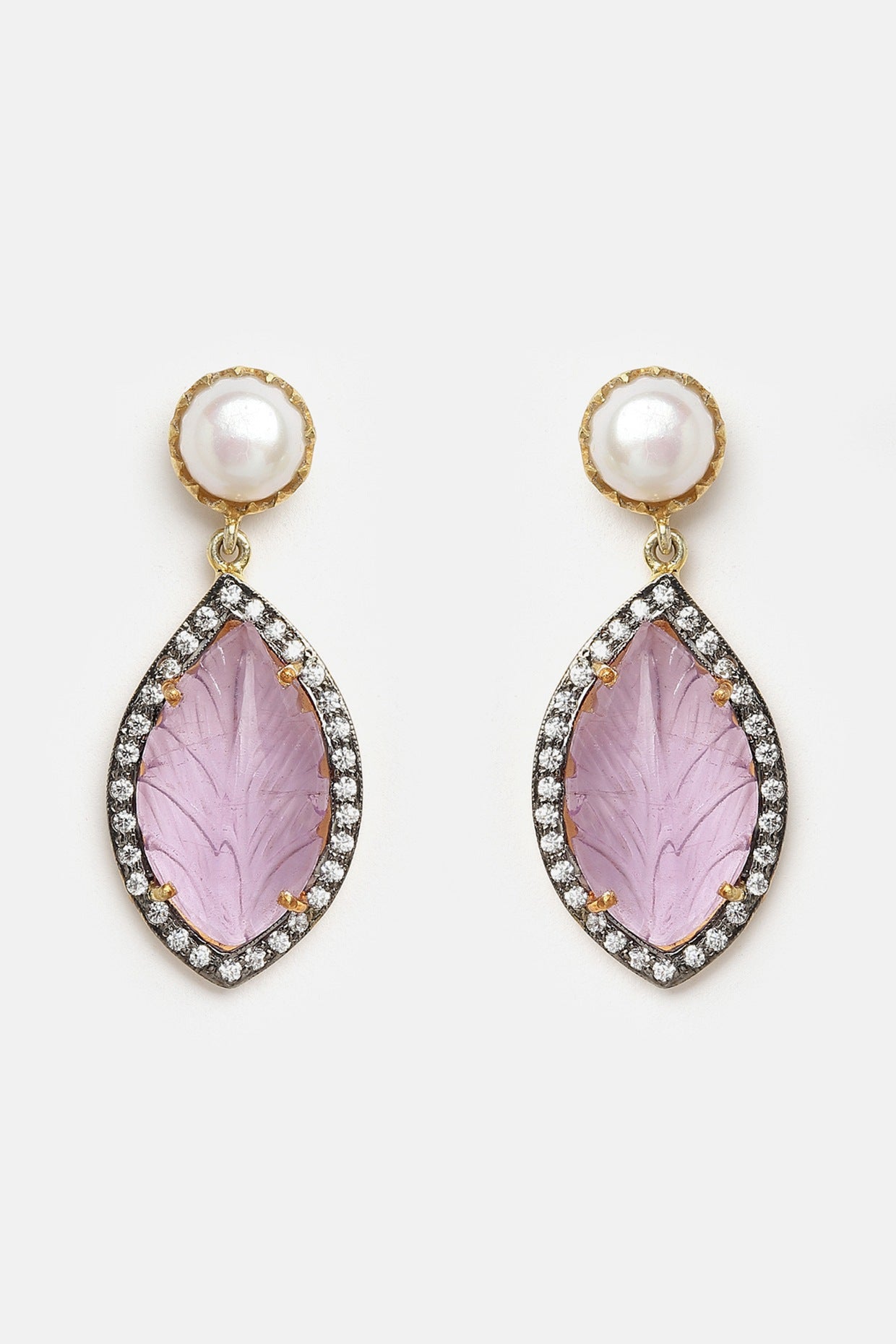 Gold Finish Carved Pink Amethyst Dangler Earrings In Sterling Silver
