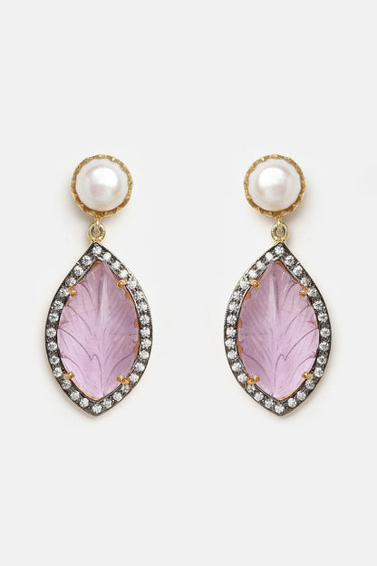 Gold Finish Carved Pink Amethyst Dangler Earrings In Sterling Silver