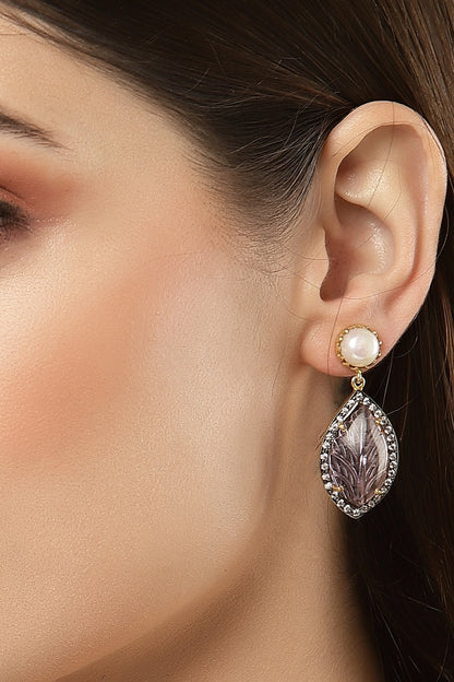 Gold Finish Carved Pink Amethyst Dangler Earrings In Sterling Silver