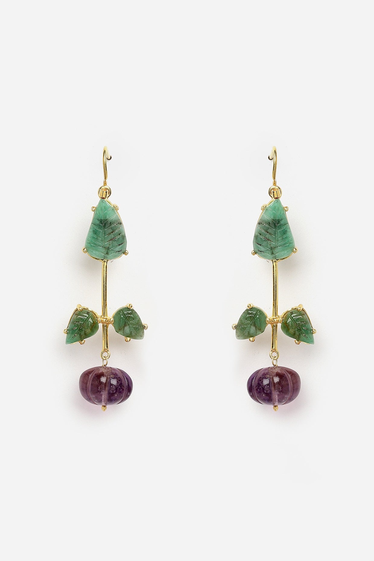 Gold Finish Carved Amethyst & Melon Balls Dangler Earrings In Sterling Silver