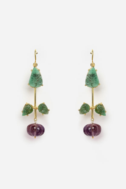 Gold Finish Carved Amethyst & Melon Balls Dangler Earrings In Sterling Silver