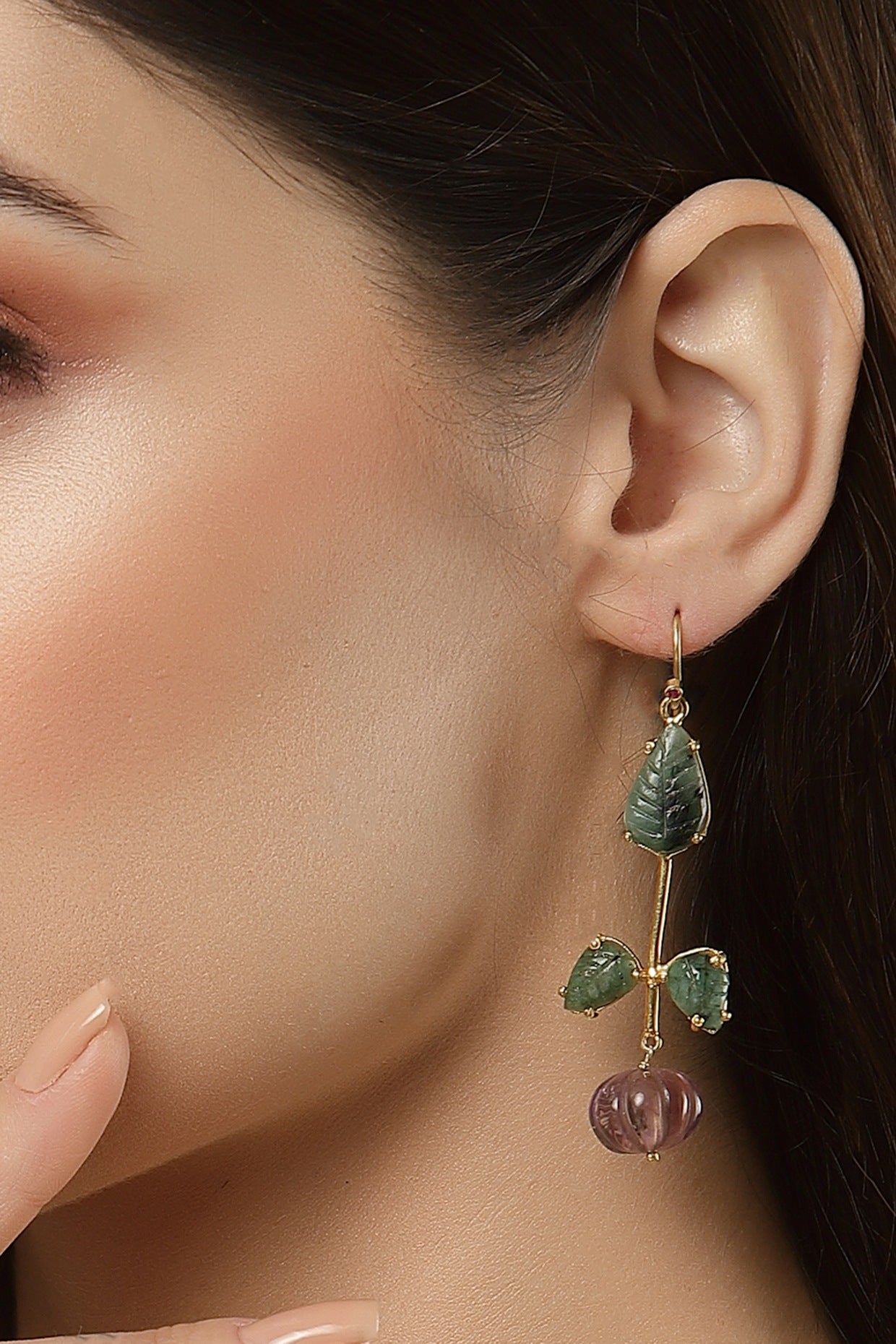 Gold Finish Carved Amethyst & Melon Balls Dangler Earrings In Sterling Silver