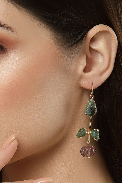 Gold Finish Carved Amethyst & Melon Balls Dangler Earrings In Sterling Silver