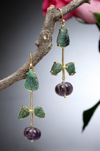 Gold Finish Carved Amethyst & Melon Balls Dangler Earrings In Sterling Silver