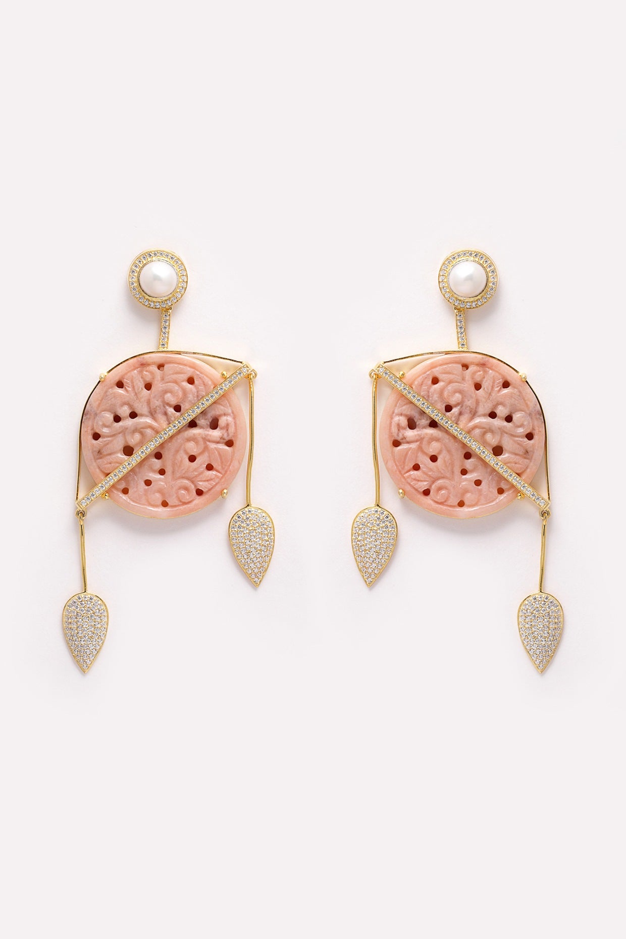 Gold Finish Carved Pink Opal & Pearl Dangler Earrings In Sterling Silver