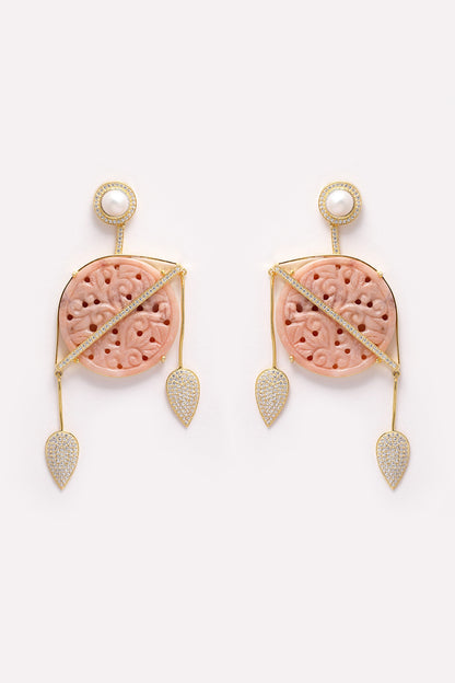 Gold Finish Carved Pink Opal & Pearl Dangler Earrings In Sterling Silver