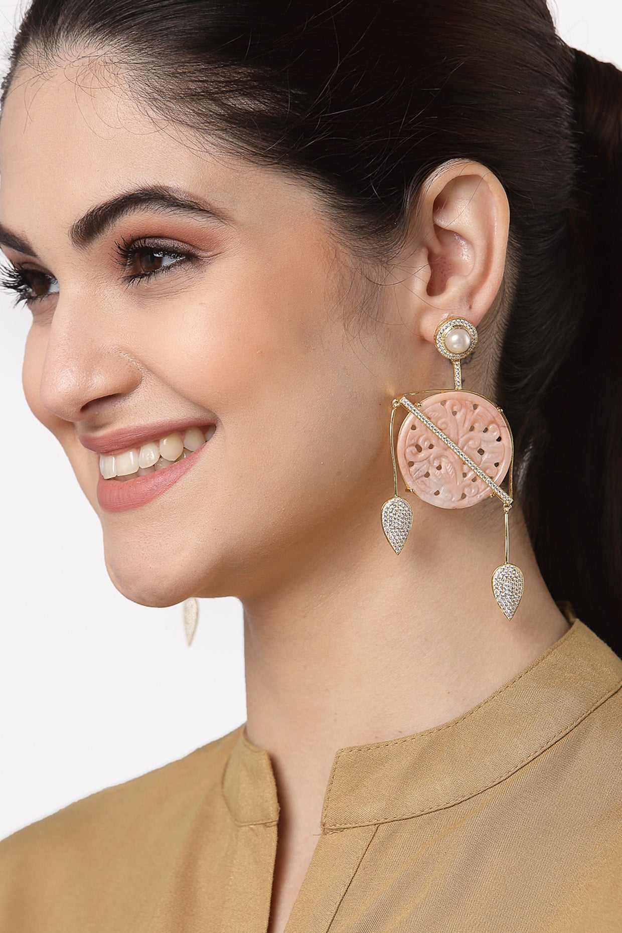Gold Finish Carved Pink Opal & Pearl Dangler Earrings In Sterling Silver