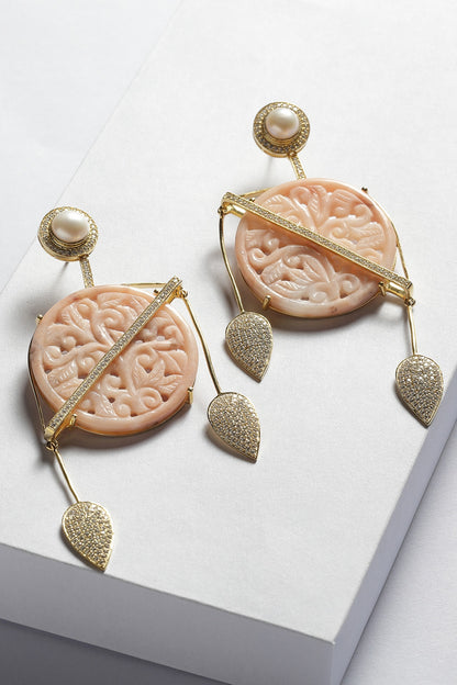 Gold Finish Carved Pink Opal & Pearl Dangler Earrings In Sterling Silver