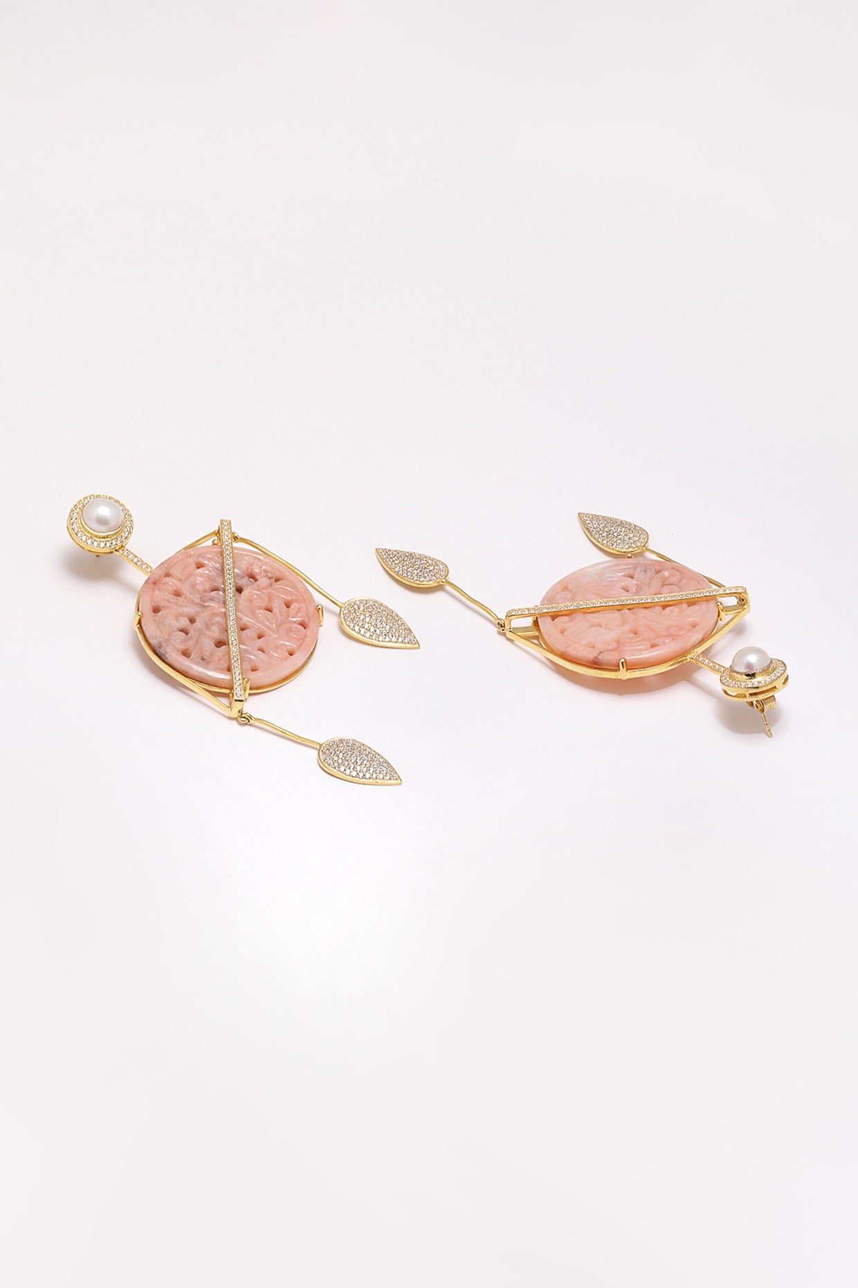 Gold Finish Carved Pink Opal & Pearl Dangler Earrings In Sterling Silver