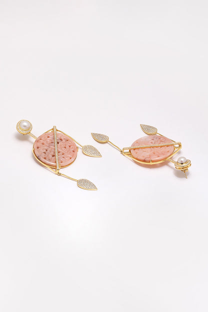 Gold Finish Carved Pink Opal & Pearl Dangler Earrings In Sterling Silver