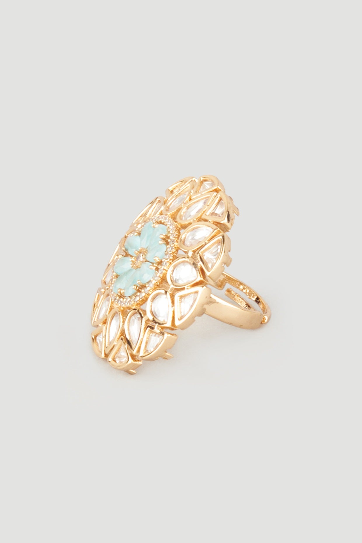 Gold Plated Kundan Polki & Turquoise Stone Ring