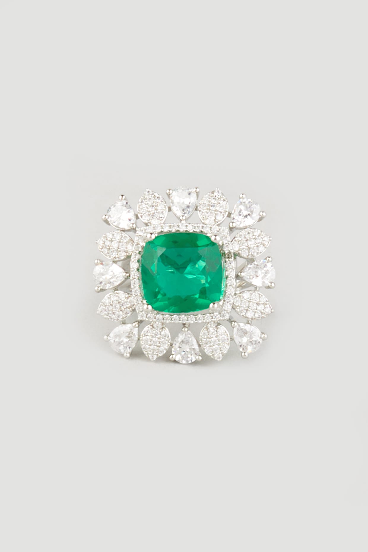 White Finish Faux Diamond & Semi Precious Emerald Ring