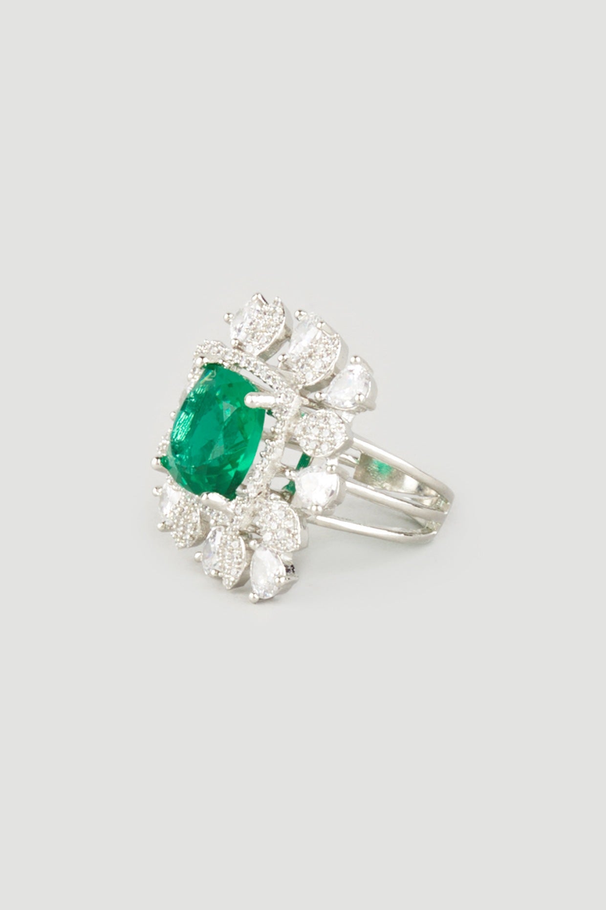 White Finish Faux Diamond & Semi Precious Emerald Ring