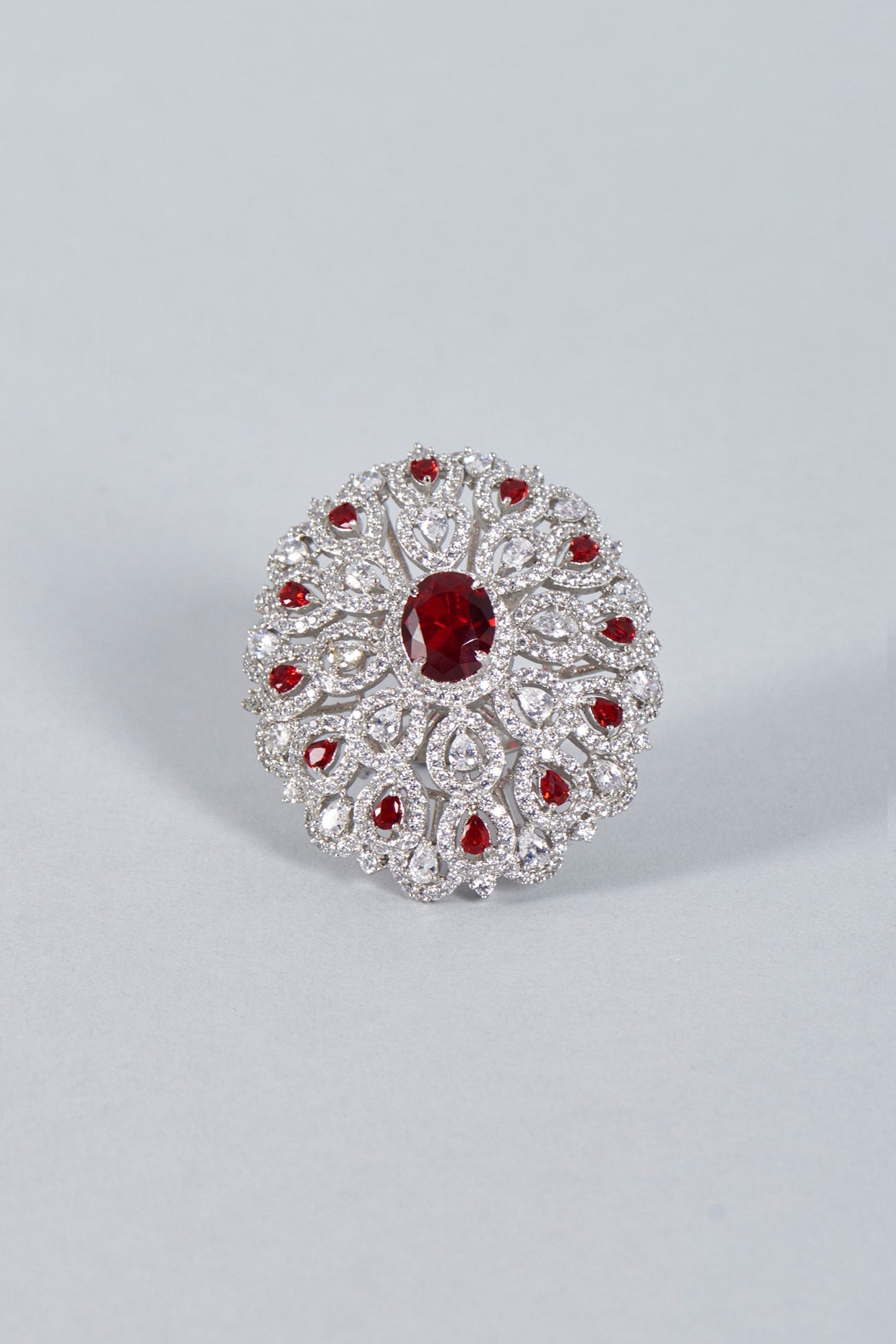 White Finish Zircon & Rubies Ring