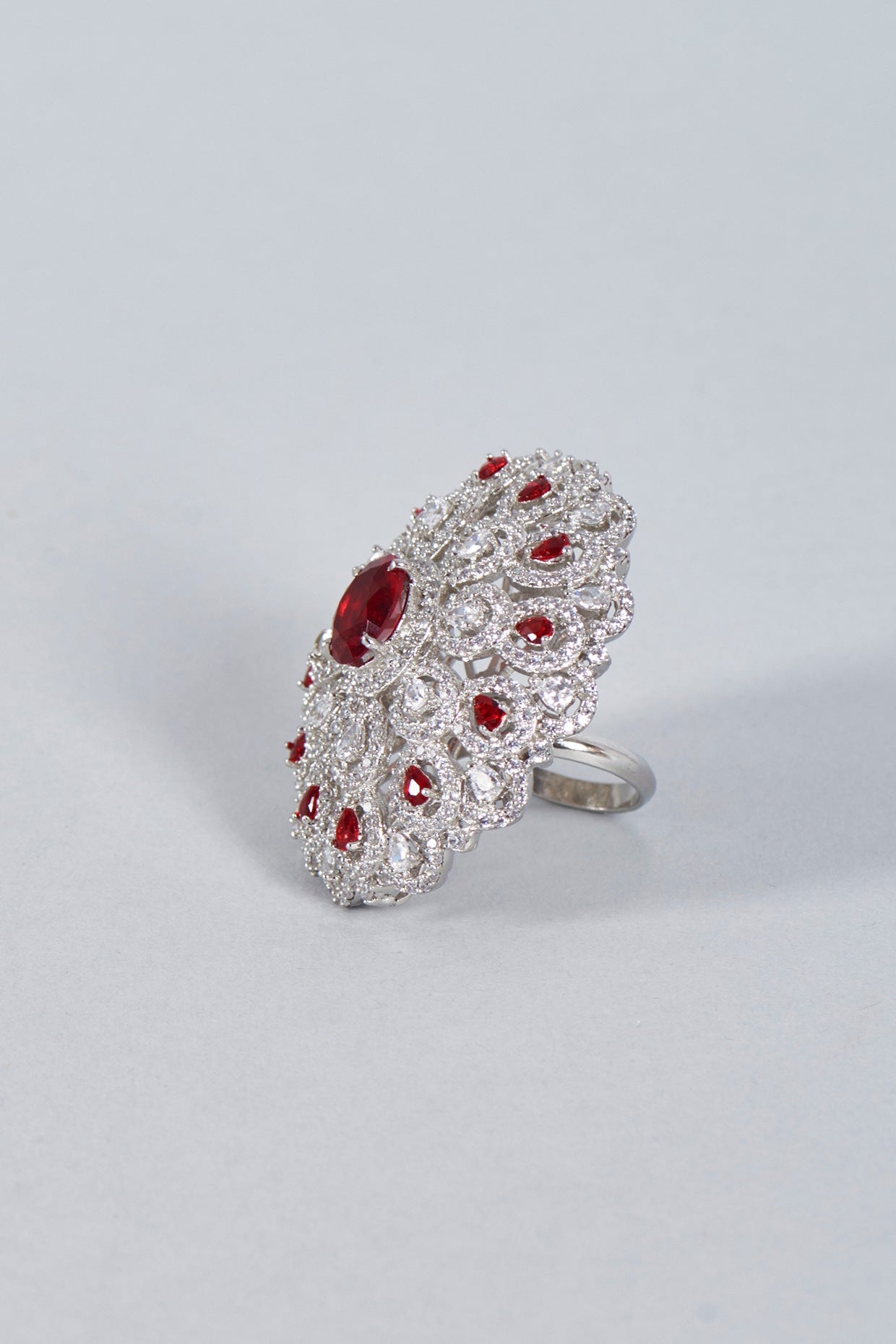 White Finish Zircon & Rubies Ring