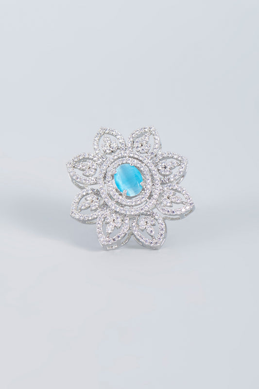 Gold Finish Aqua Stone Floral Ring