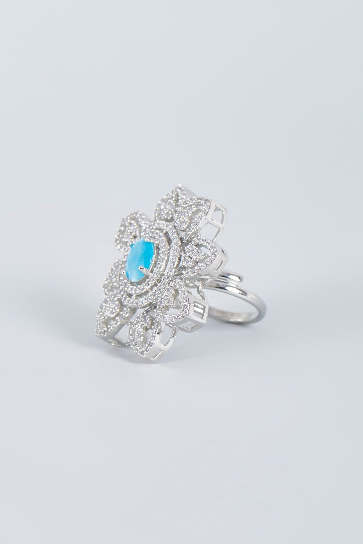 Gold Finish Aqua Stone Floral Ring