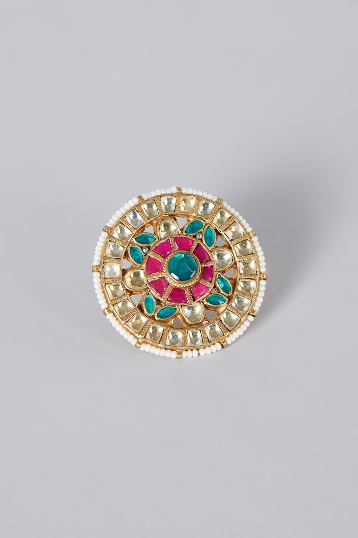 Gold Finish Red & Green Kundan Polki Ring