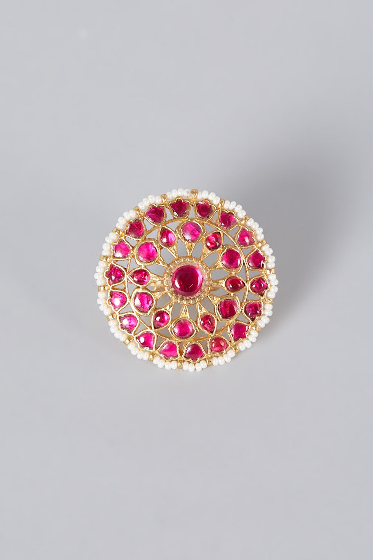 Gold Finish Red Kundan Polki Ring