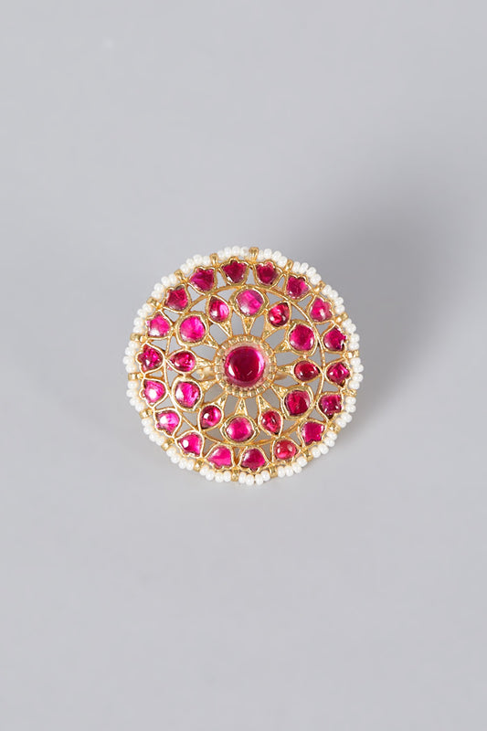 Gold Finish Red Kundan Polki Ring