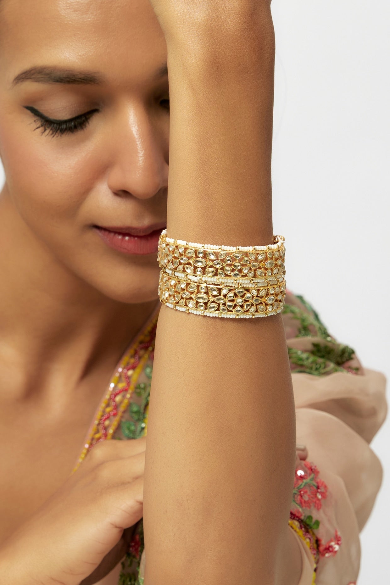 Gold Finish White Kundan Polki Bangles (Set Of 2)