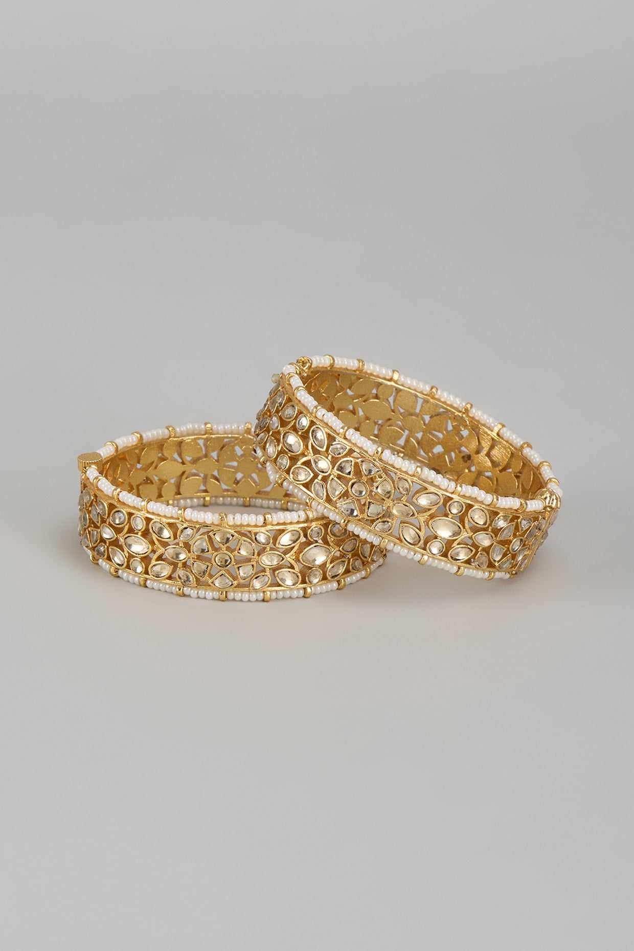 Gold Finish White Kundan Polki Bangles (Set Of 2)