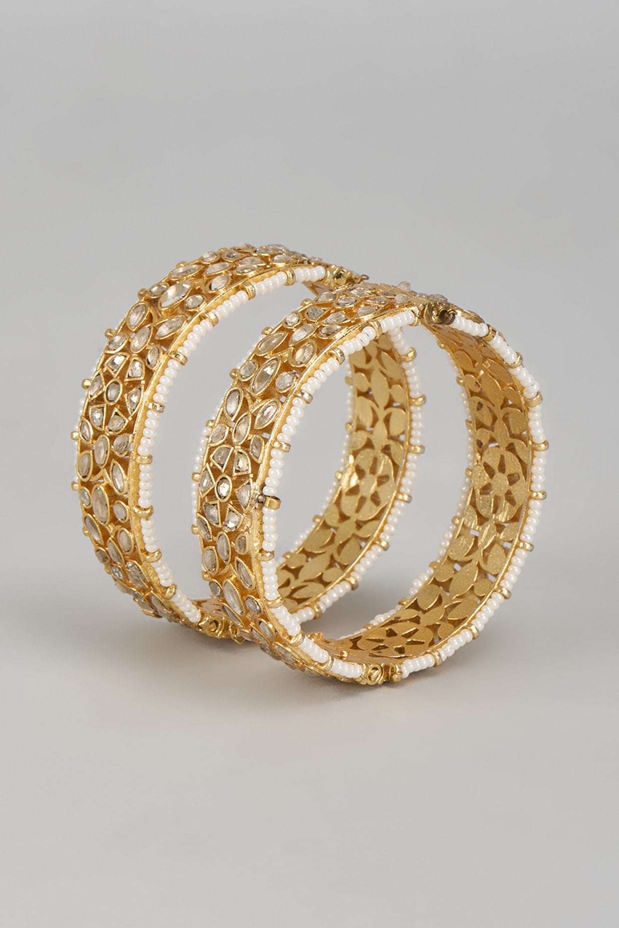 Gold Finish White Kundan Polki Bangles (Set Of 2)