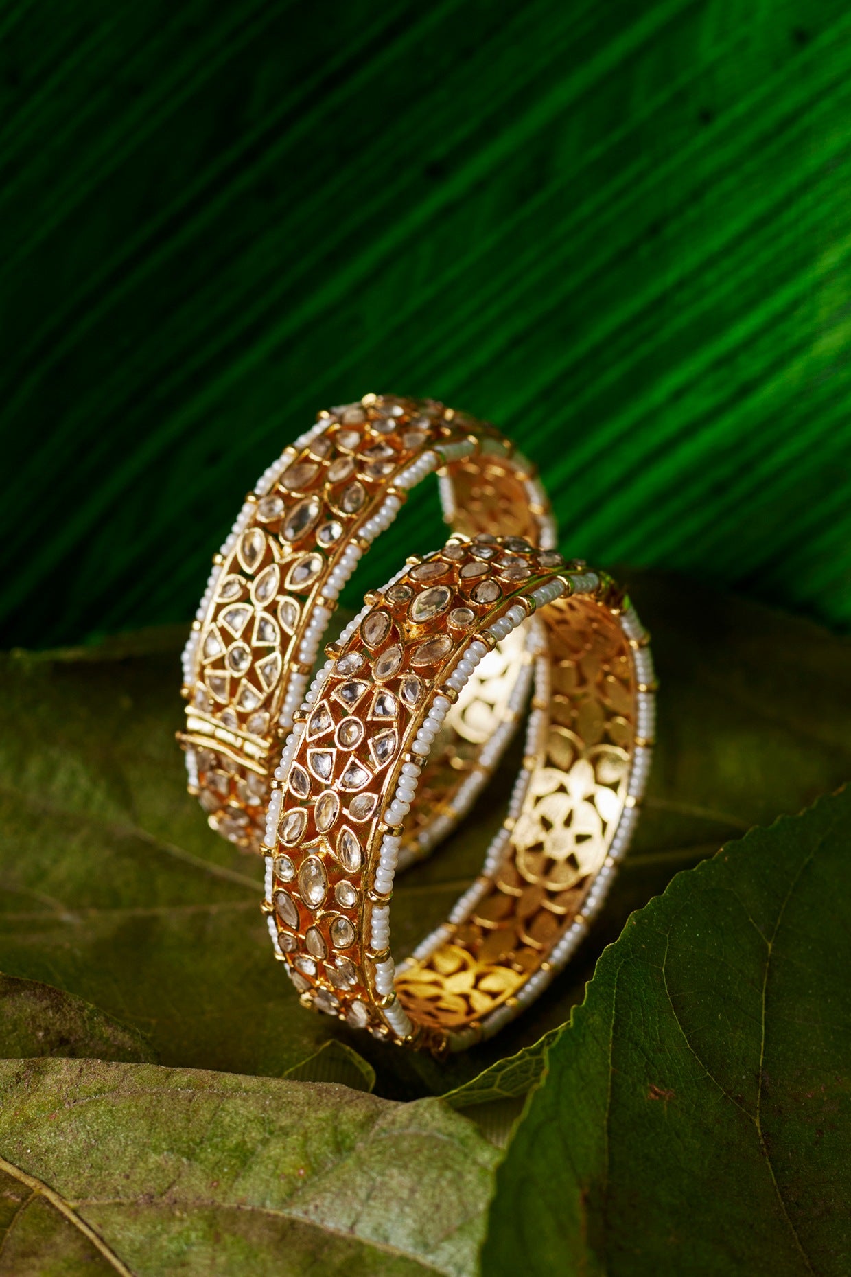 Gold Finish White Kundan Polki Bangles (Set Of 2)