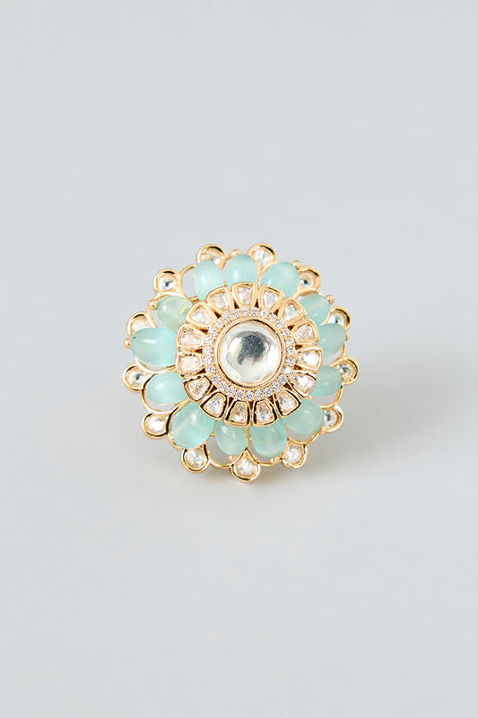 Gold Finish Mint Kundan Polki Ring