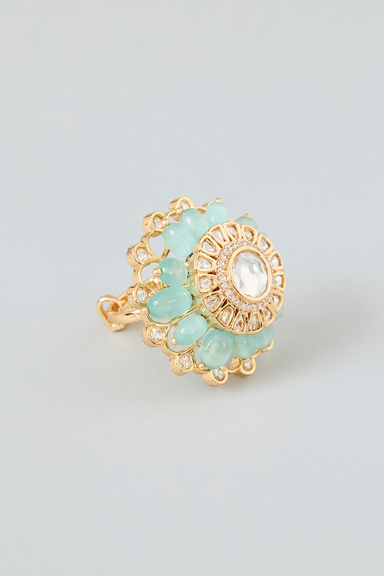 Gold Finish Mint Kundan Polki Ring