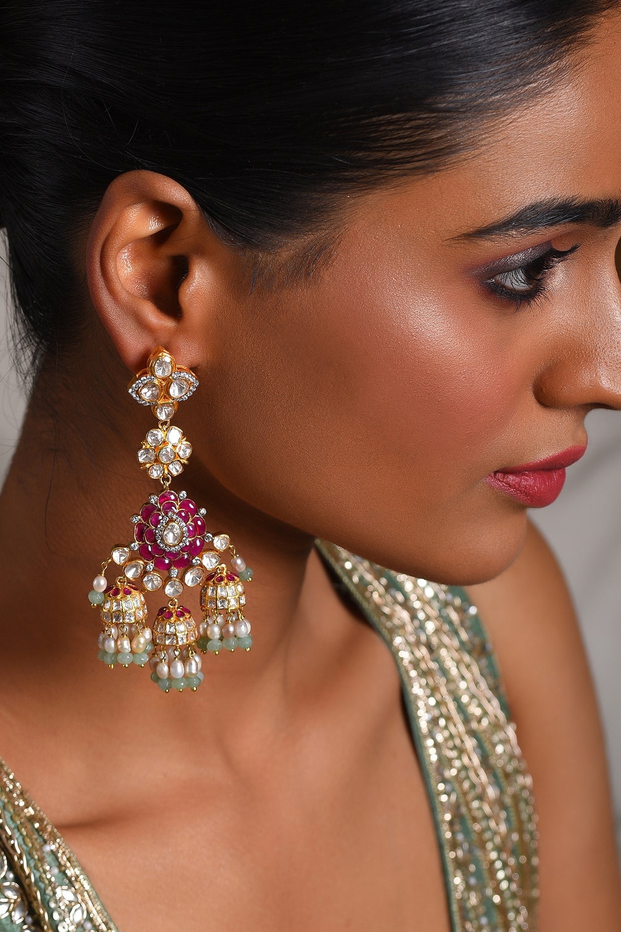 Gold Finish Moissanite & Pearl Jhumka Earrings