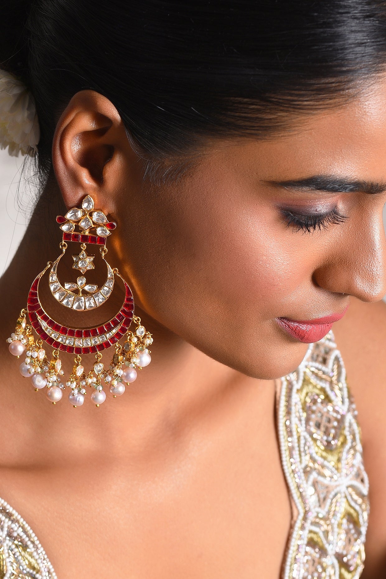 Gold Finish Moissanite & Pearl Chandbali Earrings