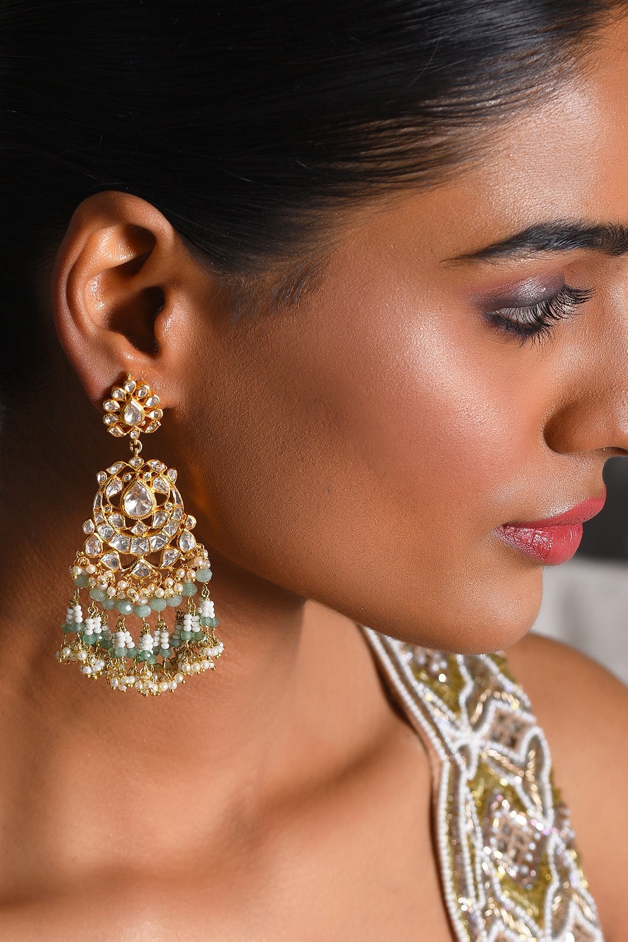 Gold Finish Moissanite & Green Onyx Chandbali Earrings