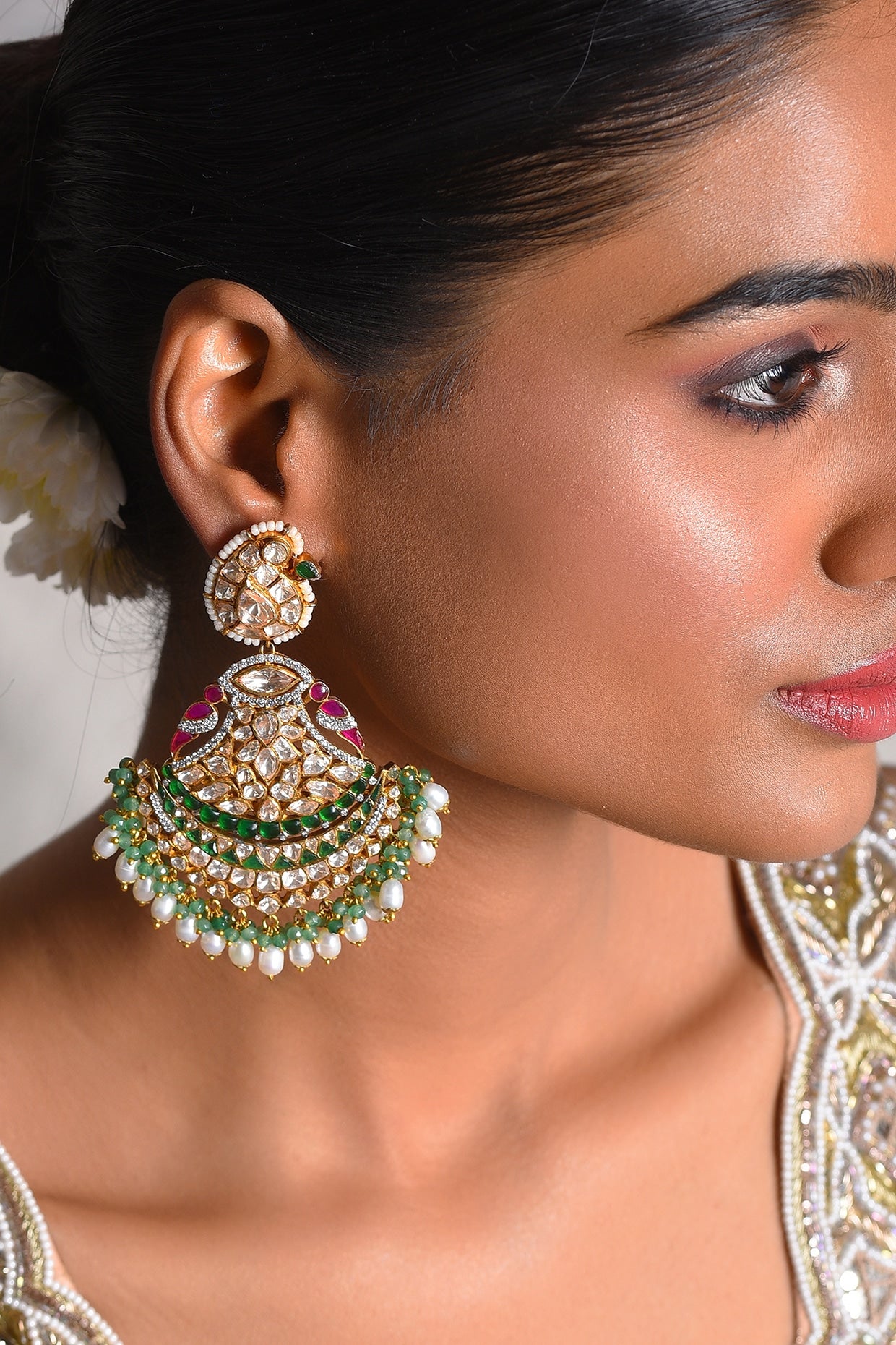 Gold Finish Moissanite & Pearl Chandbali Earrings