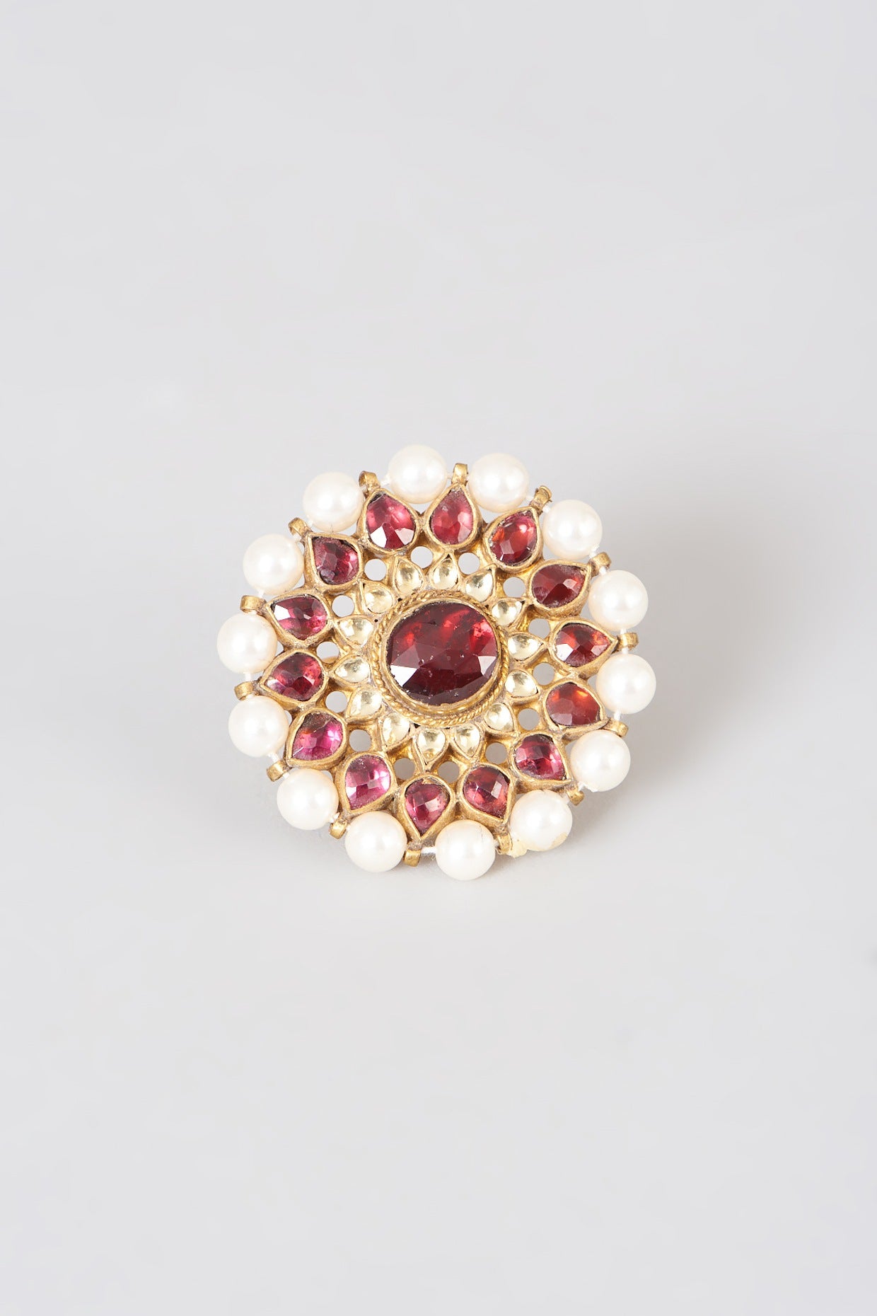 Gold Finish Pearl & Red Kundan Polki Ring